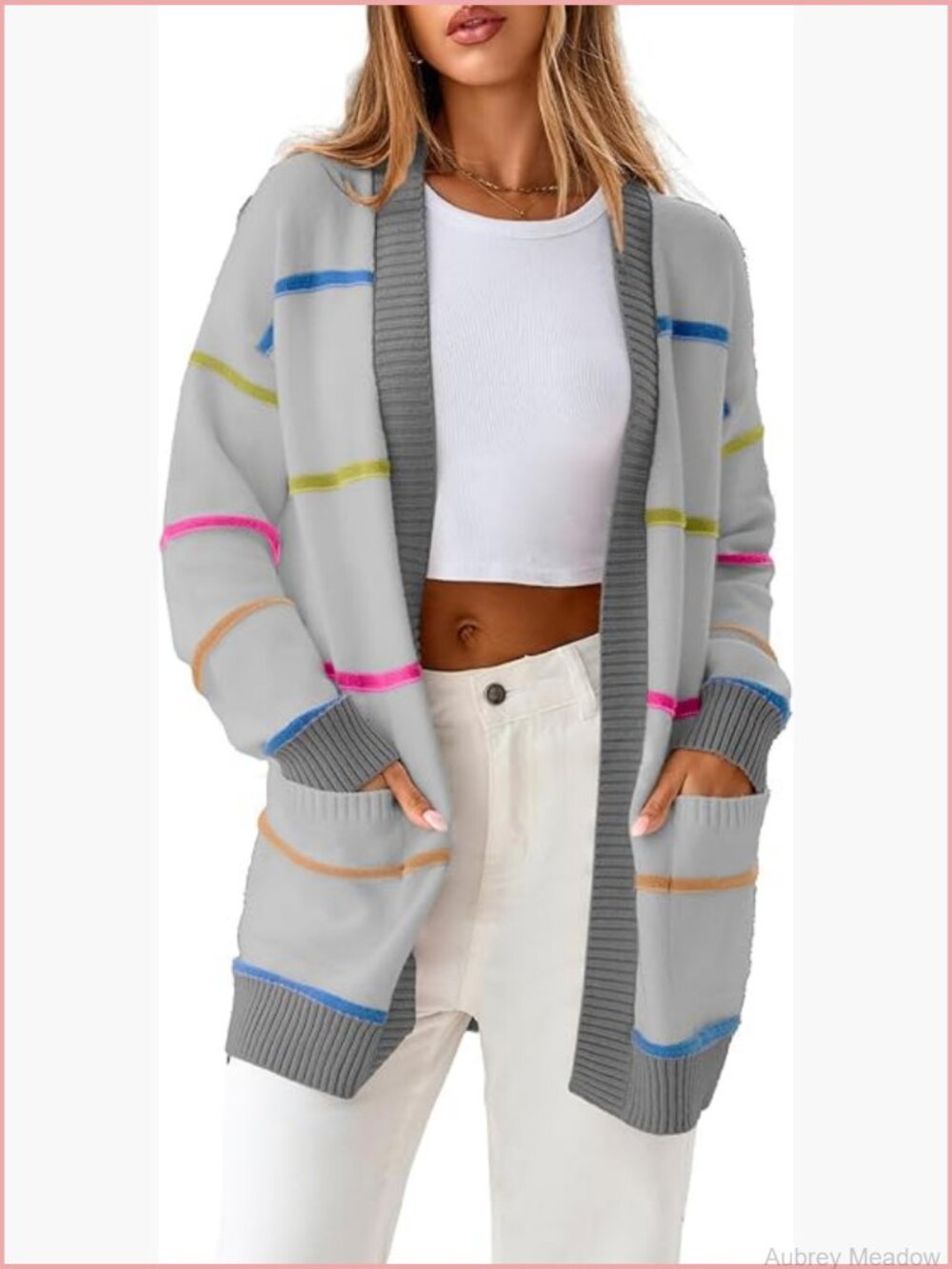 Lightweight Striped Cardigan Sweater for Women Casual Open Front with Pockets